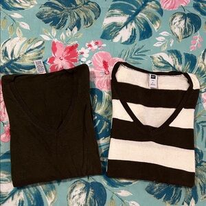 GAP Women's V-Neck Sweaters - Brown and beige Stripes, Dark Brown